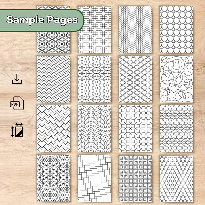 Pode incluir: Uma cole&ccedil;&atilde;o de p&aacute;ginas de amostra com v&aacute;rios padr&otilde;es geom&eacute;tricos em preto e branco. O texto "Sample Pages" est&aacute; no topo. &Iacute;cones para download, PDF e tamanho tamb&eacute;m est&atilde;o presentes. Os padr&otilde;es incluem estrelas, quadrados e formas interligadas.