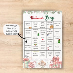 Puede incluir: Una tarjeta de juego de Bingo navide&ntilde;o con un dise&ntilde;o festivo. La tarjeta presenta una cuadr&iacute;cula con varias actividades y frases tem&aacute;ticas de vacaciones en alem&aacute;n, como "hornear galletas" y "beber vino caliente". El texto "Weihnachts Bingo" est&aacute; en la parte superior.