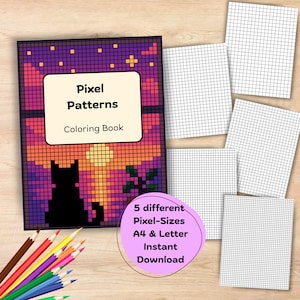 Könnte beinhalten: Ein Pixel Patterns Malbuch mit einem pixeligen Sonnenuntergangs- und Katzenmotiv auf dem Einband, begleitet von mehreren leeren karierten Papierbögen und Buntstiften. Der Einband trägt den Text Pixel Patterns Coloring Book.
