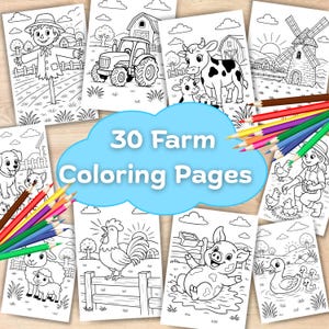 Peut inclure: Ensemble de 30 pages à colorier sur le thème de la ferme, avec des illustrations d'épouvantail, de tracteur, de vache et de moulin à vent. Des crayons de couleur sont inclus, parfaits pour les activités créatives.