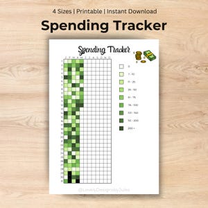 Könnte beinhalten: Ein druckbarer Ausgaben-Tracker mit dem Titel "Spending Tracker" in einer handschriftlichen Schriftart. Der Tracker enthält ein Raster zur Verfolgung der Ausgaben, mit einem farbcodierten Schlüssel für verschiedene Ausgabenbereiche. Das Design enthält Illustrationen von Münzen und einem Stapel Geld.