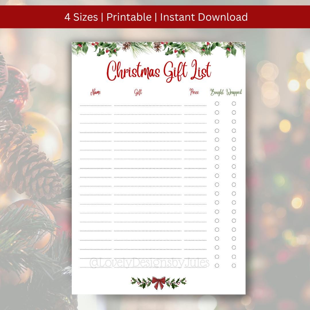 Christmas Gift List Printable | Holiday Gift Tracker | Xmas Shopping ...