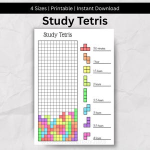 Pode incluir: Um gráfico imprimível branco "Study Tetris" com uma grade e blocos Tetris coloridos. O gráfico inclui incrementos de tempo de 30 minutos a 4 horas. O título "Study Tetris" está no topo.