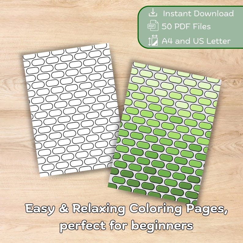 Pode incluir: Duas p&aacute;ginas para colorir com padr&otilde;es ovais repetidos. Uma p&aacute;gina &eacute; em preto e branco, a outra tem um gradiente verde. A imagem inclui o texto "Download instant&acirc;neo", "50 arquivos PDF", "A4 e US Letter" e "P&aacute;ginas para colorir f&aacute;ceis e relaxantes, perfeitas para iniciantes."