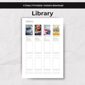 Könnte beinhalten: Ein weißer, druckbarer Bibliotheks-Tracker mit dem Wort "Library" oben. Der Tracker enthält Platz für Buchcover, Titel und Autorennamen. Das Bild enthält auch den Text "4 Sizes | Printable | Instant download".