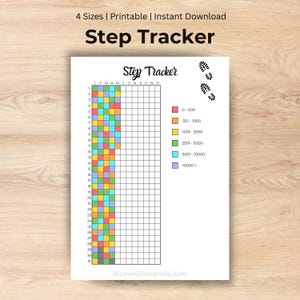 Könnte beinhalten: Ein weißes Step Tracker-Druckblatt mit einem Raster zur Verfolgung von Schritten. Der Tracker enthält einen farbcodierten Schlüssel für Schrittbereiche und den Text "Step Tracker". Oben auf der Seite steht "4 Sizes | Printable | Instant Download".