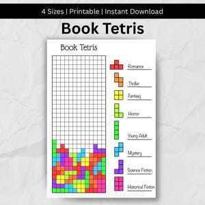 Könnte beinhalten: Ein weißes, bedruckbares Blatt mit dem Titel "Book Tetris" und einem Raster zum Verfolgen von Büchern. Bunte Tetris-Blöcke füllen den unteren Bereich, mit Genre-Bezeichnungen wie "Romance" und "Thriller" auf der rechten Seite. Der Text "4 Sizes | Printable | Instant Download" steht oben.
