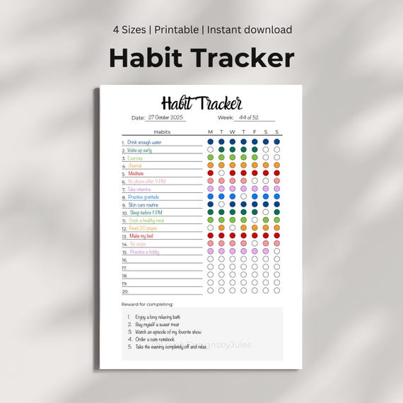 Digital Habit Tracker Printable – Weekly Routine Tracker PDF for Goals, Productivity & Motivation – A4, A5, Letter, Half Letter