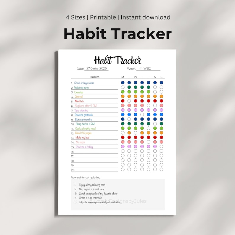 Digital Habit Tracker printable for A4, A5, Letter & Half Letter. 20 habit rows, 7 circles per week to color in or check off, plus a rewards section. Perfect for planners, bullet journals & goal tracking. Instant download for organizing routines, staying motivated, and celebrating progress every day!