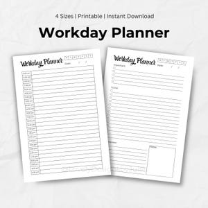 Könnte beinhalten: Zwei weiße Workday Planner-Blätter mit schwarzem Text. Das linke Blatt hat Zeitfenster von 6:00 bis 18:30 Uhr. Das rechte Blatt hat Abschnitte für 'Wichtig' und 'Zu erledigen'. Der Text oben lautet '4 Größen | Druckbar | Sofort-Download'.
