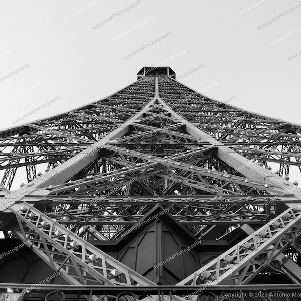 Eiffel Tower Perspective Black & White Photography Wall Art, Printable Poster, Digital Download, Travel Photography, Paris, France