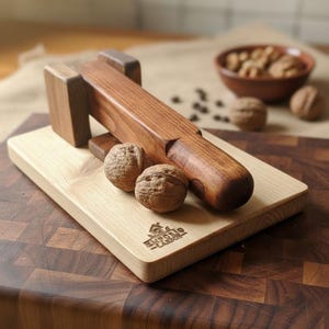 May include: A wooden nutcracker with a light-colored base and a dark brown lever. Two walnuts sit on the base, with a bowl of walnuts in the background. The nutcracker is designed to crack nuts.