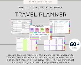 May include: A digital travel planner featuring multiple page layouts including a trip overview, monthly calendar, and to-do lists with colorful tabs. The text reads MAKE LIFE EASIER, THE ULTIMATE DIGITAL PLANNER, TRAVEL PLANNER, and 60+ PAGES.