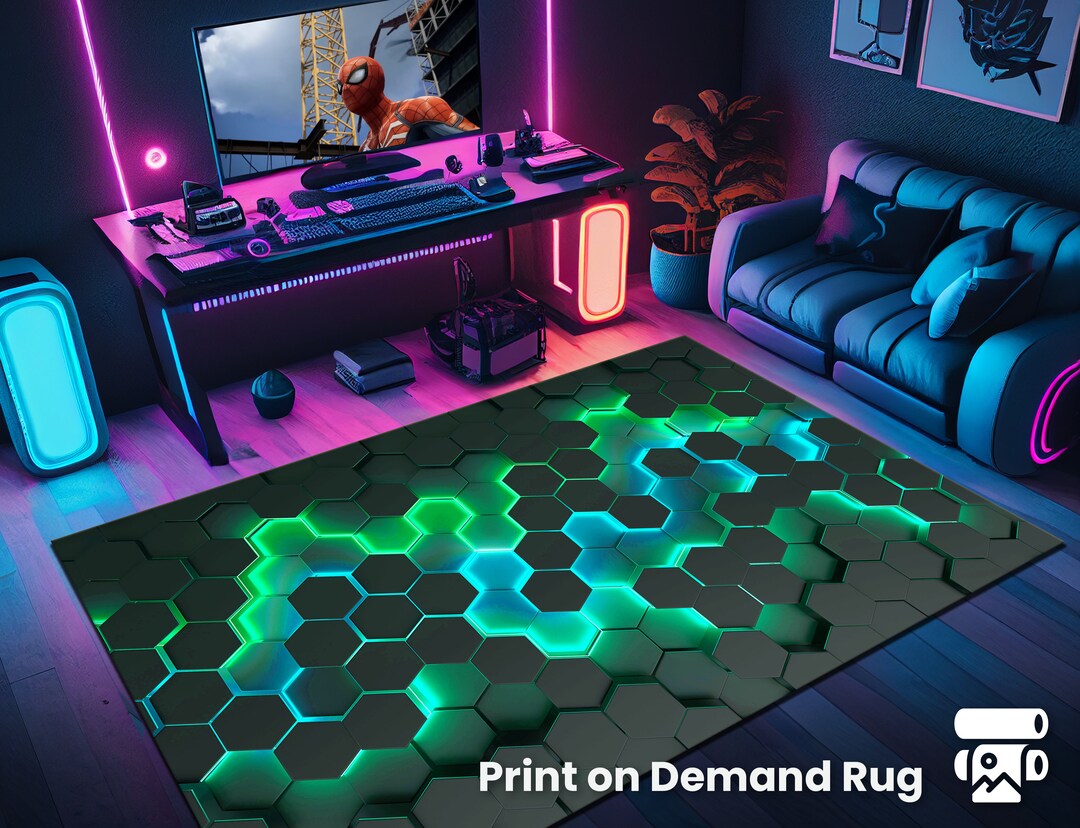 Rgb Gaming Rug Hexagon Patterned Game Rug, E-spor Rug, Neon Look Rug, Gaming Room Rug ...