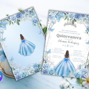 Printable Editable Dusty Blue / silver girl Digital Invitation template, Quinceanera, Sweet 16, Birthday, Instant download, Easy to edit