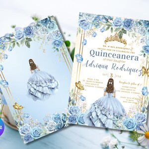 Printable Editable Dusty Blue / gold girl Digital Invitation template, Quinceanera, Sweet 16, Birthday, Instant download, Easy to edit