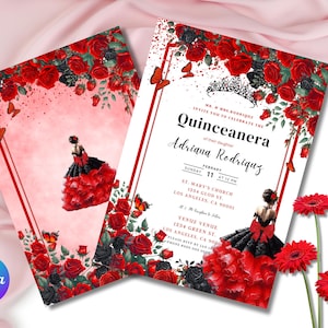 Red Black girl  Quinceanera Invitation Template: Floral Sweet 16 (Digital Download)