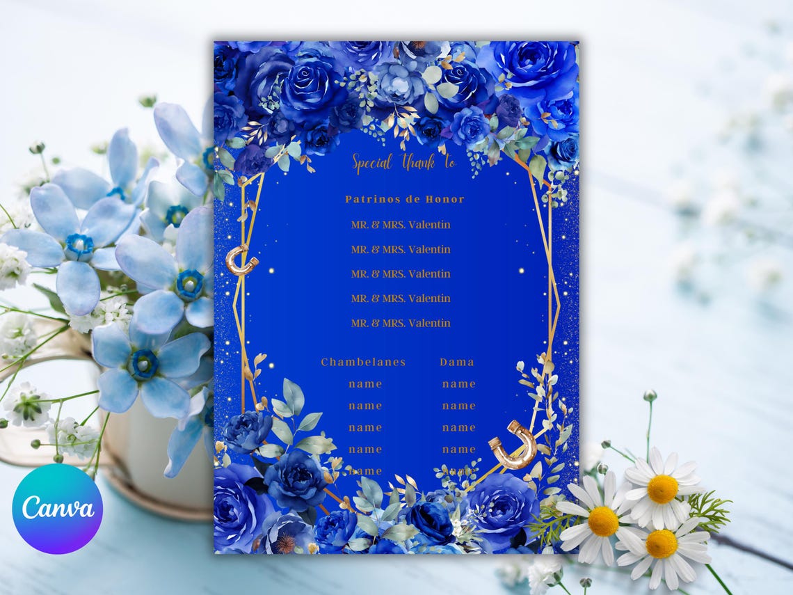 Royal Blue Quinceanera Invitation Template Gold Accents (digital