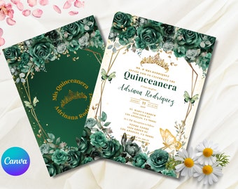May include: Green and gold Quinceanera invitation with a floral design. The invitation features a gold crown, butterflies, and the text "Mr. & Mrs. Rodriguez Invite you to celebrate the Quinceanera of their daughter Adriana Rodriguez". The invitation also includes the date, time, and location of the event.