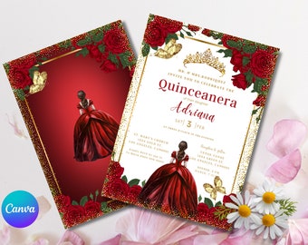 Burgundy Gold Quinceañera Invitation Template (Digital Download)