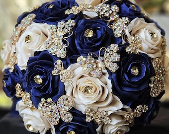 Navy Champagne Quinceañera Bouquet: Gold Butterfly Ramo, For Quinceanera, Sweet 16, Wedding