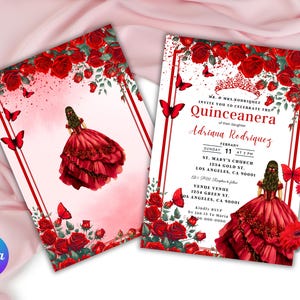 Printable Red girl Digital Invitation template, Quinceanera, Sweet 16, Birthday, Instant download, Easy to edit