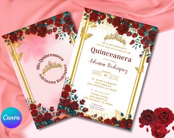 Burgundy Gold Quinceañera Invitation Template (Digital Download)