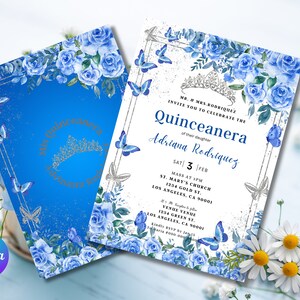 Printable Editable Blue / silver Digital Invitation template, Quinceanera, Sweet 16, Birthday, Instant download, Easy to edit on Canva