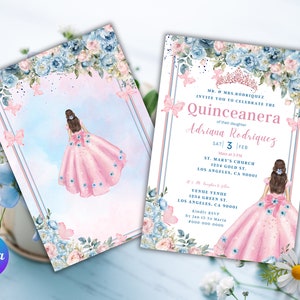 Printable Editable  blush blue girl Digital Invitation template, Quinceanera, Sweet 16, Birthday, Instant download, Easy to edit on Canva