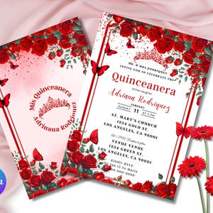 Printable Editable Red Digital Invitation template, Quinceanera, Sweet 16, Birthday, Instant download, Easy to edit on Canva