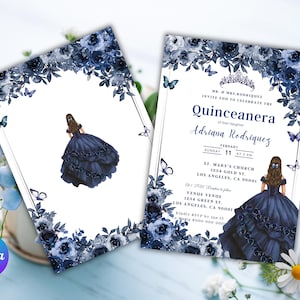 Printable  Navy girl Digital Invitation template, Quinceanera, Sweet 16, Birthday, Instant download, Easy to edit on Canva