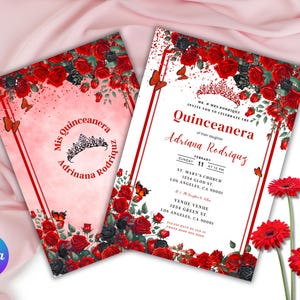 Plantilla de invitación de quinceañera con rosas rojas: elegante diseño floral (descarga digital)