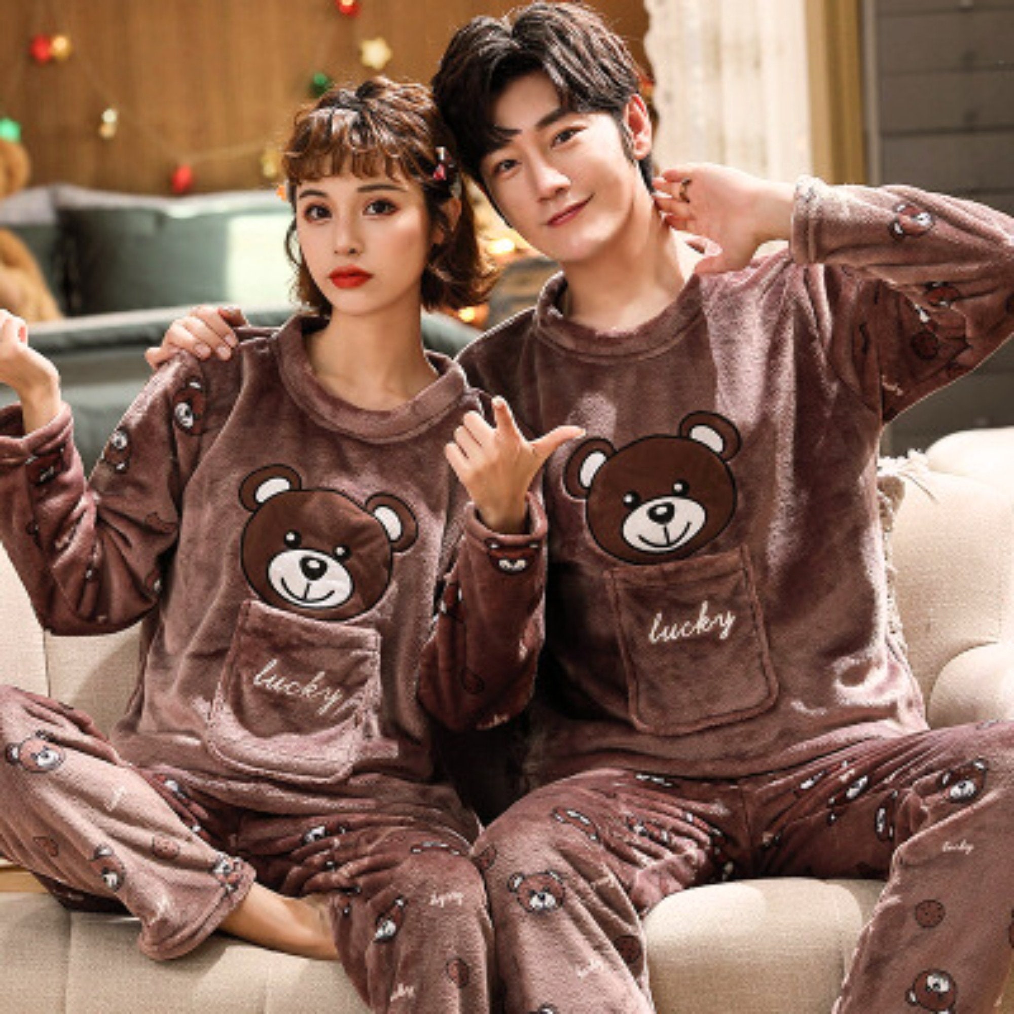 Autumn Winter Cotton Matching Couple Pajamas Men Sleepwear Women