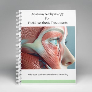 Può includere: Un libro a spirale con il titolo "Anatomia e Fisiologia per Trattamenti Estetici Facciali". La copertina presenta un primo piano di un viso umano con muscoli visibili.