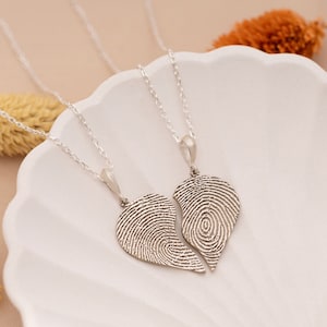 Engraved Fingerprint Heart Necklace Matching Fingerprint Necklace Actual Fingerprint Jewelry Handwriting Jewelry Christmas Gifts SILVER - SET