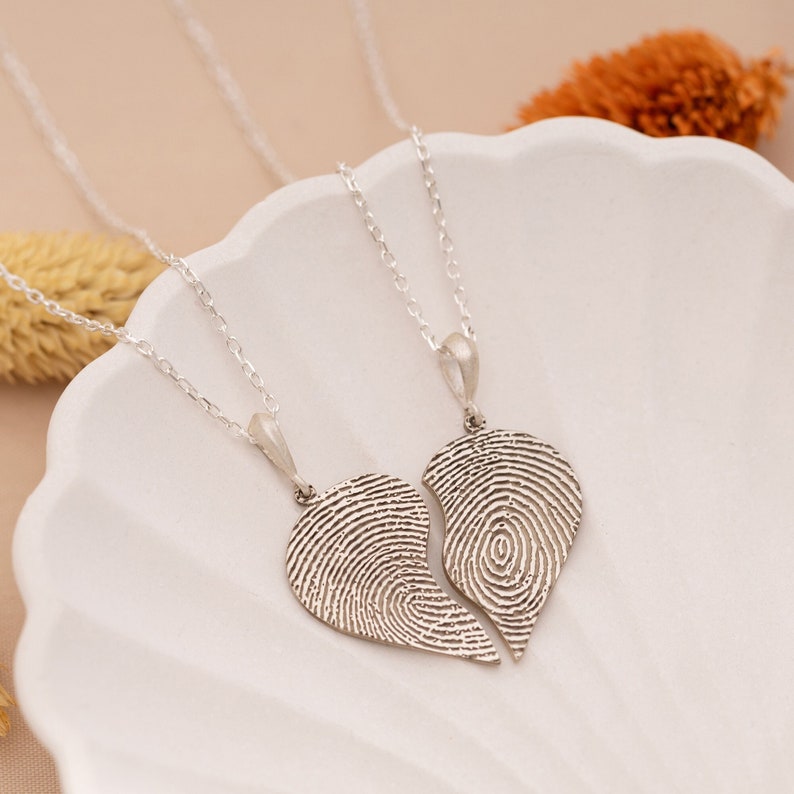 Engraved Fingerprint Heart Necklace Matching Fingerprint Necklace Actual Fingerprint Jewelry Handwriting Jewelry Christmas Gifts SILVER - SET
