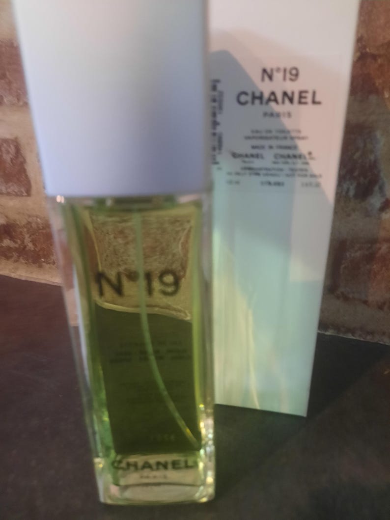 Pu&ograve; includere: Un flacone rettangolare in vetro di eau de toilette Chanel N&deg;19 contenente un liquido verde chiaro, con tappo bianco e scritte nere. Accanto si trova una scatola rettangolare bianca alta con la scritta N&deg;19 CHANEL PARIS stampata in nero.