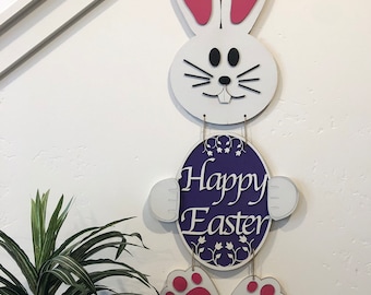 Charming Handcrafted 3D Happy Easter Bunny Wall Hanging Sign – Rustic Basswood Home Decor