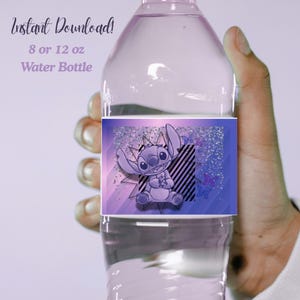 May include: A water bottle with a purple and blue label featuring a cartoon character. The label reads "Instant Download!" and "8 or 12 oz Water Bottle". The bottle is held by a hand.