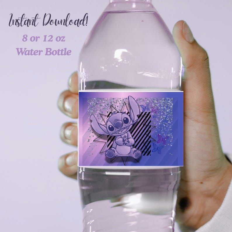 May include: A water bottle with a purple and blue label featuring a cartoon character. The label reads "Instant Download!" and "8 or 12 oz Water Bottle". The bottle is held by a hand.