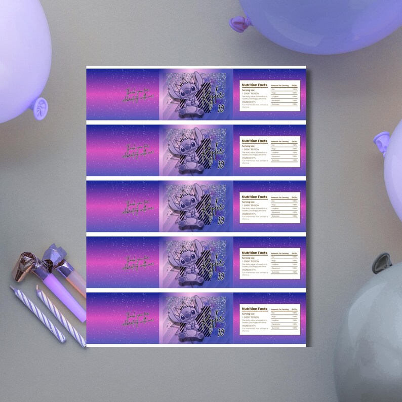 May include: A sheet of birthday-themed water bottle labels featuring a cartoon character. The labels have a gradient background of pink and blue with the text "Love you forever". Each label includes the character and the number "16".