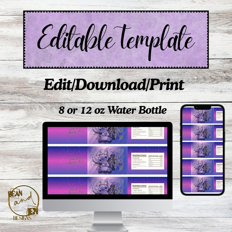 May include: Digital water bottle label template. The design has a purple and pink gradient background with a cartoon character. The text "Editable template" is at the top, with "Edit/Download/Print" below. Labels are for 237 or 355 ml bottles.