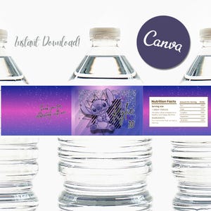 May include: Clear water bottles with custom labels. The labels feature a purple and pink gradient background, a cartoon character, and the name "Kyrie" with the number "10". The text "Instant Download!" is visible.