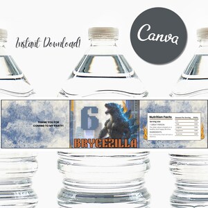 May include: Water bottle with a custom label featuring a Godzilla-like character and the name "Brycezilla." The label includes the text "Thank you for coming to my party!" and "Instant Download!" The design is set against a blue and white background.