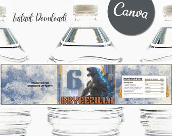 Godzilla Birthday Water Bottle Label  • Godzilla Party Favor • Editable Canva Template • Printable • Birthday Decorations • Instant Download