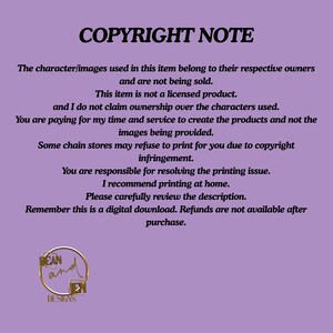 May include: A digital download notice on a lilac background. The text reads "COPYRIGHT NOTE" and details regarding the use of images, licensing, and printing. The bottom left corner features a gold circular logo with the text "BEAN and JEN DESIGNS".