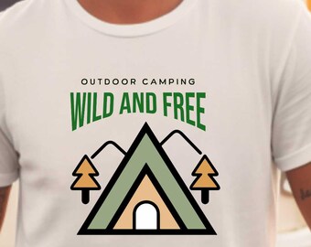 Maglietta da campeggio con tenda geometrica, ideale per amanti della natura, stile retrò boho minimalista, perfetta per escursioni.