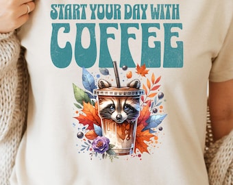 Raccoon Coffee Tshirt Whimsical Fall Iced Coffee Shirt Gift Distressed Nature Inspired Tee