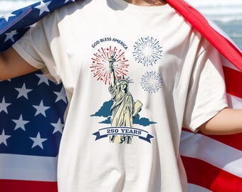Maglietta "God Bless America 250 Years" per la manifestazione, il voto e il patriottismo, 100% cotone.