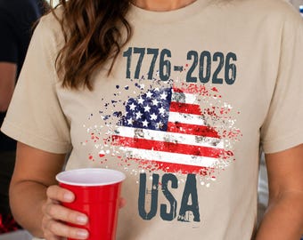 Maglietta con bandiera americana effetto invecchiato 1776-2026 USA, maglietta patriottica per il Giorno dell'Indipendenza